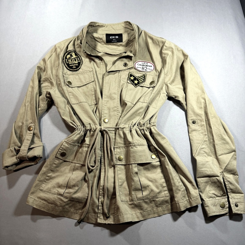 Active USA Utility Jacket Small Khaki Military Western Patches Drawstring Waist